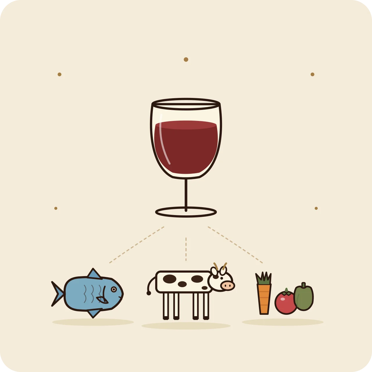 Ilustración de una cata de armonías con vino y gastronomía