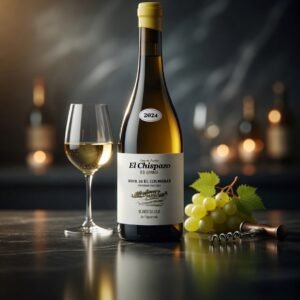Botella de Vino El Chispazo Blanco 2024 junto a una copa de vino blanco, uvas verdes y sacacorchos.