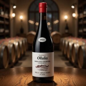 Botella de Vino Olula sobre fondo de bodega con barricas
